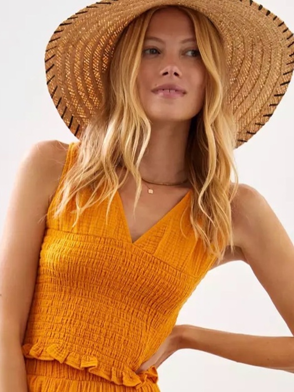 Anthropologie Maeve Smocked Mustard Yellow Halter Crop Top Size L EUC